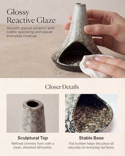 Ceramic Palo Santo Holder & Ash Catcher with Mini Chimney, Incense Holder & Sage Burner, Wabi-Sabi Home Decor for Meditation & Yoga (Ash Stone) - Image 4