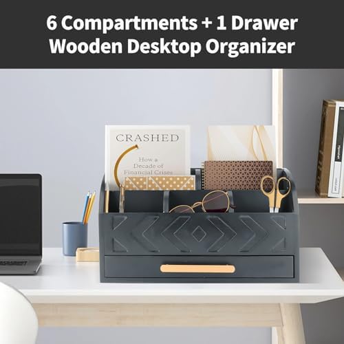 Wooden Desk Organizer Mail Organizer Countertop, Desktop Organizer Mail Sorter Mail Holder Bill Organizer for Desk, Desk Organizers and Accessories for Women (Black) - Image 4