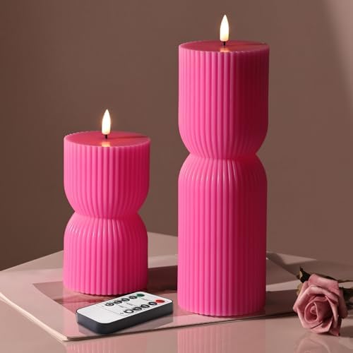 Hot Pink Ribbed Flameless Pillar Candles with Remote Set of 2 by Girimax