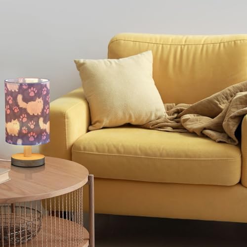 Lovely Angora Cat and Purple Pink Paw Prints Purple Bedside Table Lamps with USB Port for Bedroom Lamp Accent Table Lamp Small Nightstand Lamp Linen Shade Decorative Lamps for Kids|Reading|Dome|Home - Image 2