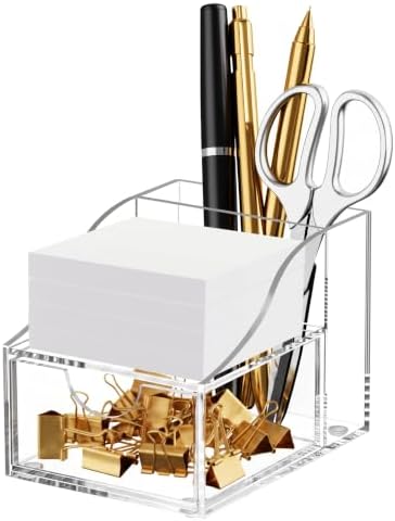 HBlife Acrylic Pen Holder for Desk, 3-Compartment Small Desk Organizer with Drawer, Clear Office Supplies Desk Accessories with Sticky Notes Holder Stores Post It Notes 3X3 for Office, Home and School by HBlife