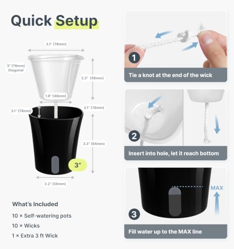 10 Pack 3" Self Watering Pots for Indoor Plants, Clear Inner Cup, Small Black Plastic Planters, Water Level Indicator, Drainage Holes, Extra 3ft Wick, Cuttings,Seedlings,Herb,African Violet - Image 4