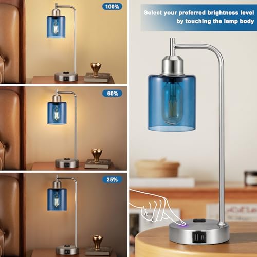 Innqoo Industrial Blue Table Lamps for Bedrooms Set of 2-3-Way Dimmable Desk Lamp with USB C+A Ports and Outlet, Nickel Lamps with Green Glass Shade for Living Room - Image 4