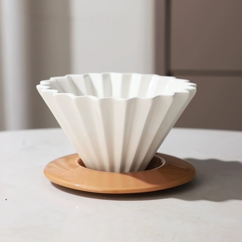 Ceramic Coffee Dripper Pour Over Coffee Maker with Wood Stand Elegant Flower Shape Filter - Image 3
