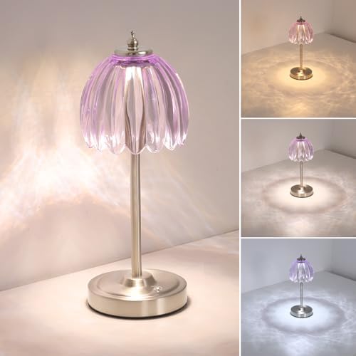 Shenmoyl Tulip Table Lamp with 5200mAh Battery & Touch Control, Cordless Small Table Lamp with 3 Colors, Dimmable Rechargeable Table Lamps for Living Room, Bedroom, Desk, Bedside (Clear Purple Tulip) by Shenmoyl