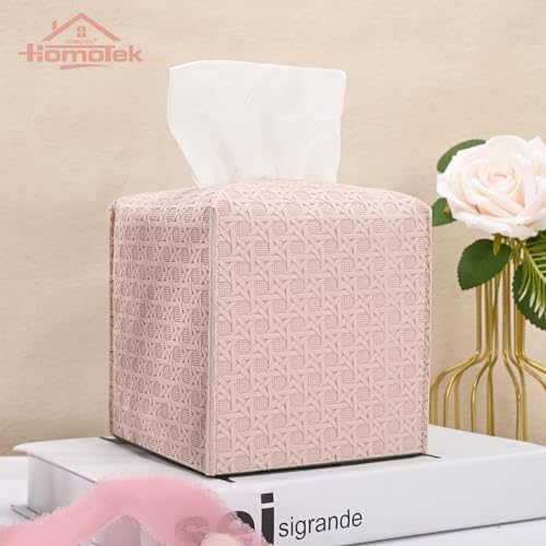 HOMOTEK 1 Pack Tissue Box Cover, Square PU Leather Tissue Holder, Decorative Facial Tissue Cube Paper Organizer Dispenser for Bathroom, Night Stands, Desk, Car 5X5X5'' - Rattan Weave, Macaron Pink - Image 3