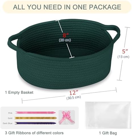 COMSE Empty Small Gift Basket with Bag & Ribbons, Dark Green - Image 2