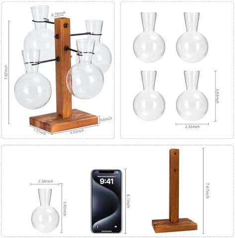 Plant Propagation Station with Wood Stand - 4 Bulb Glass Vases - Image 2