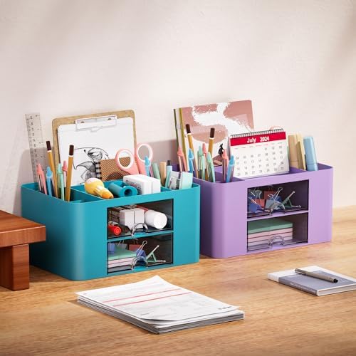 Marbrasse Pen Organizer with 2 Drawer, Multi-Functional Pencil Holder for Desk, Desk Organizers and Accessories with 5 Compartments + Drawer for Office Art Supplies (Dark Green) - Image 5