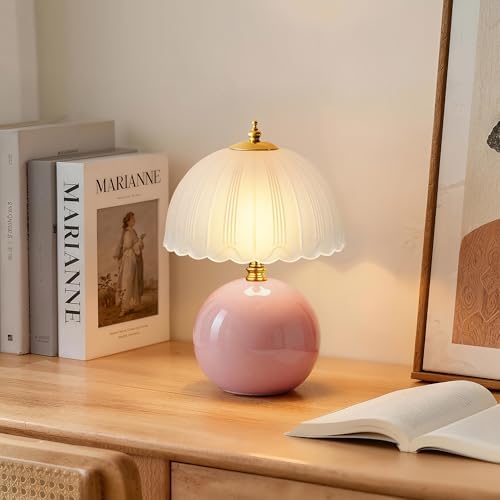 PARTPHONER Mushroom Table Lamp, Ceramic Bedside Lamp with Glass Shade, 3-Way Lighting (2700K-5000K) Rocker Switch, Small Nightstand Lamp for Bedroom, Living Room, Office, Pink by PARTPHONER