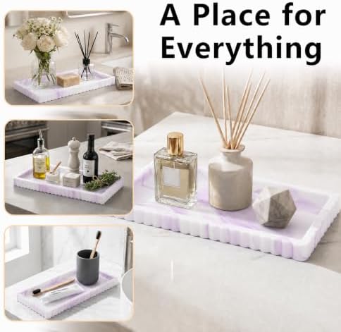 Bathroom Vanity Tray - 9.4''x3.9'' Silicone Bathroom Tray with Scalloped Edge, Counter Top Tray for Vanity Sink Countertop, Decorative Organizer for Cosmetics Jewelry, Rectangular, Marble White Purple - Image 5