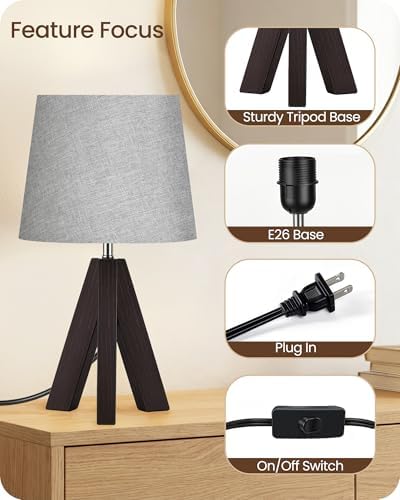 Tripod Table Lamp, 14.6" Small Bedside Lamp, Modern Nightstand Lamp with Gray Shade & Dark Walnut Base, Boho Desk Lamp for Bedroom, Kids Room, Living Room, Study, E26 Socket, VH51TL05 - Image 4
