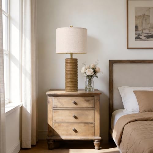 PoKat Farmhouse Table Lamps Set of 2 for Living Room, 27'' Tall Retro Ceramic Bedside Lamps with Linen Lampshade for Bedroom, Vintage Wood-Like Rustic Nightstand Lamp Office Sideboard Hallway (Brown) - Image 6