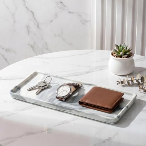 8″ x 3.7″ Ceramic Vanity Tray, Decorative Rectangular Organizer for Bathroom Countertop, Dresser Top, Kitchen & Bathtub, for Soap, Perfume, Candle, Jewelry & Cosmetics (Marble-Grey) - Image 2
