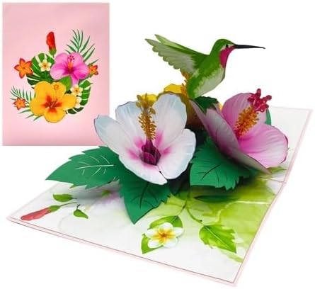 ETA 3D Hummingbird Pop-Up Card – Tropical Hibiscus Flower Greeting Card for Birthday, Mother's Day, Thank You, Summer, Nature Lover, F38
