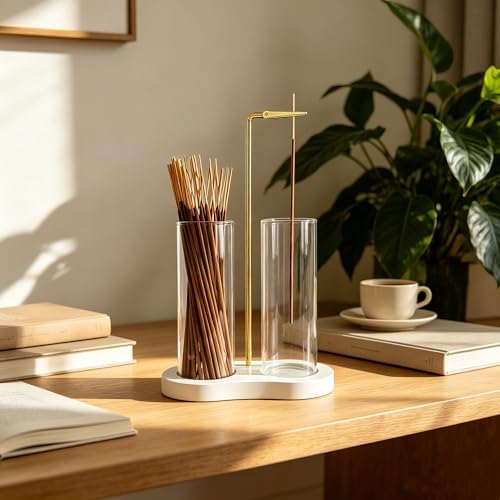 Glass Incense Holder,White Nordic Minimalist Incense Sticks Burner Holder with Storage,Luxe Hang Upside Down Incense Holder for Sticks with Ash Catcher for Meditation Yoga Room (White) - Image 3