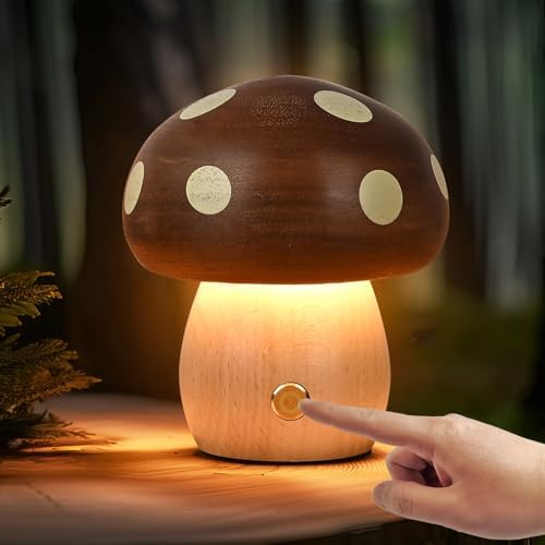 Wood Mushroom Lamp, Rechargeable Small Bedside Lamp for Nursery Bedroom by Unknown