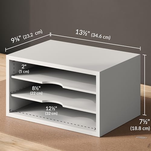 Ballucci File Organizer, 3-Tier Document Paper Sorter, Stackable Wood Desk Organizer, Mail Sorter and Monitor Stand with Storage Shelves, White - Image 3