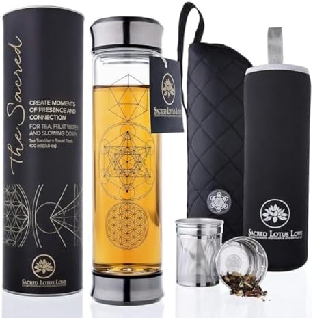 Sacred Lotus Love Double-Walled Glass Tea Infuser Bottle 14oz Portable Travel Mug with Strainer and Sleeve for Loose Leaf Tea, Coffee, Smoothies - Insulated Tumbler with Lid for Hot and Iced Beverages by SacredLotusLove