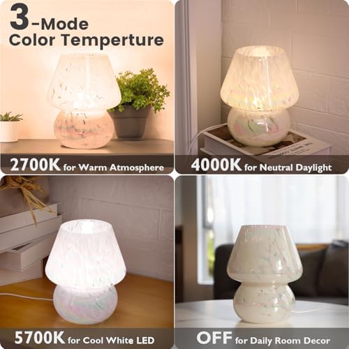 ULAROOM USB Plug-in Mushroom Lamp Small Bedside Table Lamp with 3 Temperature LED Bulb, Free Dimming Nights Light for Bedroom/Living Room/Entryway/Corner Decor or New Home Gift(Rainbow White) - Image 3