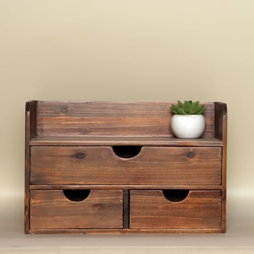 Brown Wooden 3 Drawer Desk Organizer with Shelf, Mail Rack Vanity Storage by Juleduo