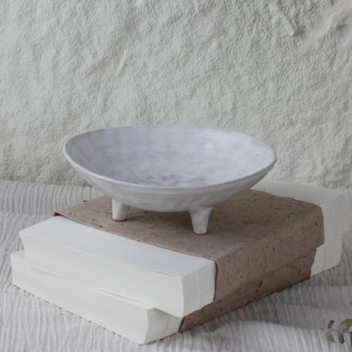 Wabi Sabi Footed Decorative Bowl, Multi-Purpose Small Ceramic Bowl, Vintage Rustic Boho Shelf Table Decor, Natural White by COZLIV