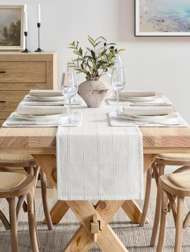ZeeMart Linen Checked Farmhouse Table Runner, 13x48 Inches Bright White - Image 2
