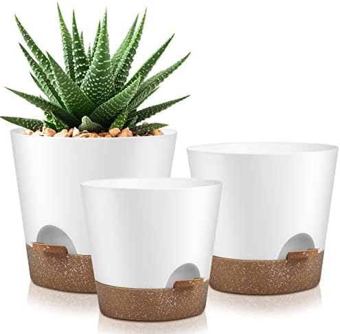 YNNICO Indoor Outdoor Plant Pots- Self Watering Planters with Drainage Holes and Saucers, 9,8, 7.5 Inches, 3 Pots (Snow) by AFamilyofGardenLovers