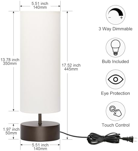 3 Way Dimmable Touch Control Table Lamp, Bedside Table Lamp with Dark Brown Base, Modern Nightstand Lamp with Beige Shade, Simple Night Light for Bedroom Living Room Home Office, 9W LED Bulb Included - Image 2