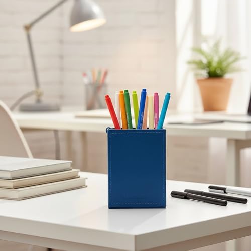 UnionBasic Square Pen Holder, Leather Pencil Cup, Desktop Caddy Stationery Organizer, True Blue - Image 6