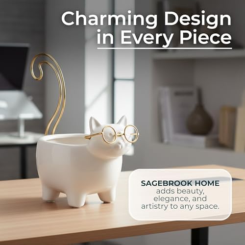 Ceramic Jewelry Dish & Trinket Tray – Ring Dish and Catchall for Everyday Accessories, Vanity or Nightstand Display – Cat Silhouette Decorative Tray Accent, Home Decor – 6", White & Gold - Image 6