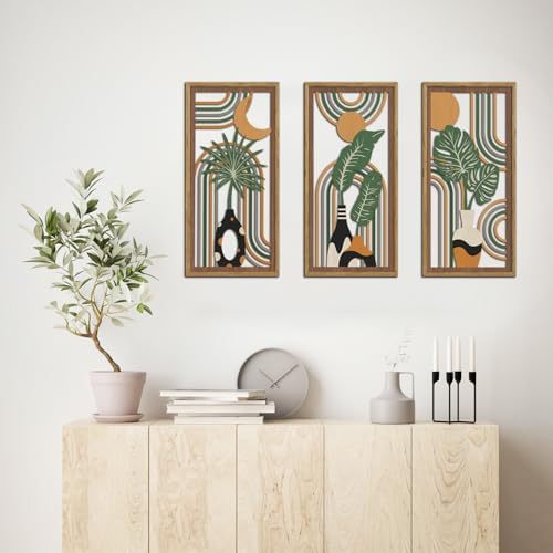 KAIRNE Boho Wooden Wall Art,Bohemian Wood Wall Decor Set of 3(16”X8”),Farmhouse Geometric Hanging Decor,Abstract Minimalist Sun Moon Artwork for Living Room Bedroom Nursery Office Decoration,Framed - Image 3