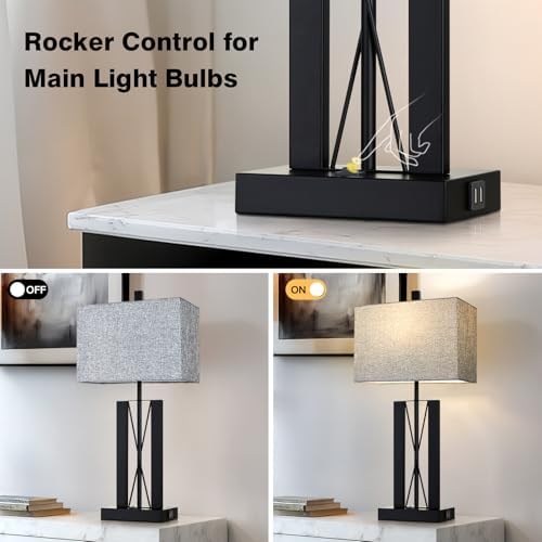 Lolikit 25" Table Lamps Set of 2, Modern Table Lamp for Living Room with 2 USB Charging Ports, Nightstand Geometric Industrial Bedside Lamp with Gray Shade for Bedrooms End Table Decor, Bulbs Included - Image 4