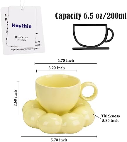 Koythin Ceramic Coffee Mug with Saucer Set, Creative Cute Cup with Sunflower Coaster for Office and Home, Dishwasher and Microwave Safe, 6.5 oz/200 ml for Tea Latte Milk (Lemon Yellow) - Image 2