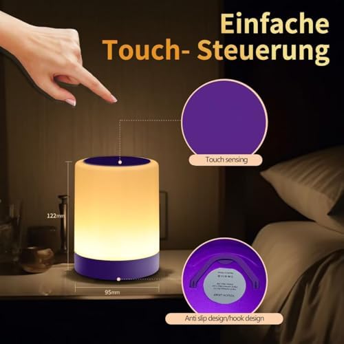OORUN Touch Bedside Table Lamp,13 RGB Colors & 5 Brightness, USB Rechargeable Desk Lamp, Remote Control Dimmable Night Light with RGB Color Changing,Portable Lamp for Baby, Living Room (Purple) - Image 2