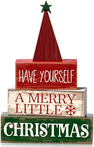 Moucuny 4 Pcs Christmas Table Decor, Wooden Red Merry Christmas Tree Signs by Moucuny