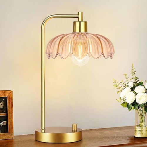 ILLMTW Glass Table Lamp Set of 2,Small Gold Bedside Lamps Dimmable Boho Bedroom Lamp with Tulip Flower Amber Lamp Shade,Vintage Mid Century Modern Mini Nightstand Lamp for Bedroom Living Room - Image 4