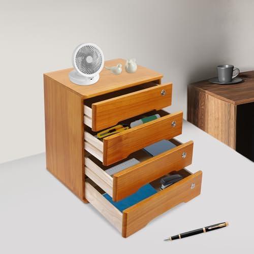 4-Tier Desktop Storage Box with Lockable Drawer, Wooden Desk Organizer for Office Supplies, Flat File Cabinet, Minimalist Design for Home & Office Use(Wooden+Yellow) - Image 2