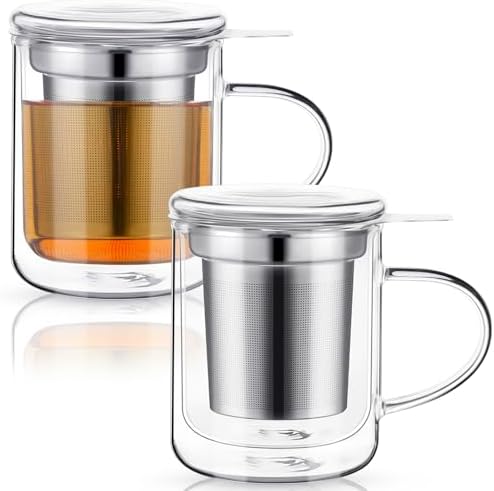 Rtteri 2 Pack Glass Tea Infuser Cup with Lid, 8 oz Insulated Tea Mug by Rtteri