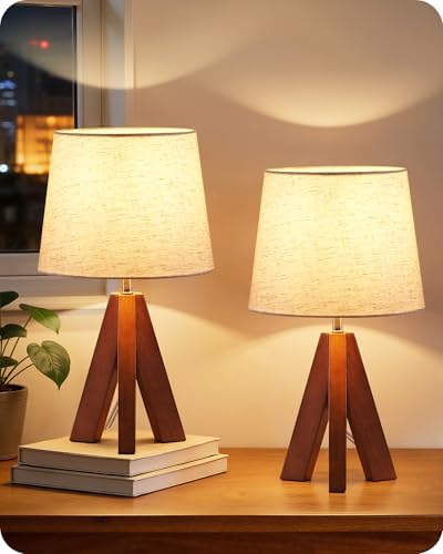 Tripod Table Lamps Set of 2, Small Bedside Lamps, Modern Nightstand Lamp with Dark Pearwood Base & Beige Shade, Boho Desk Light for Bedroom, Kids Room, Living Room, Office, Study, LE51TLP205 by GOEBLESON