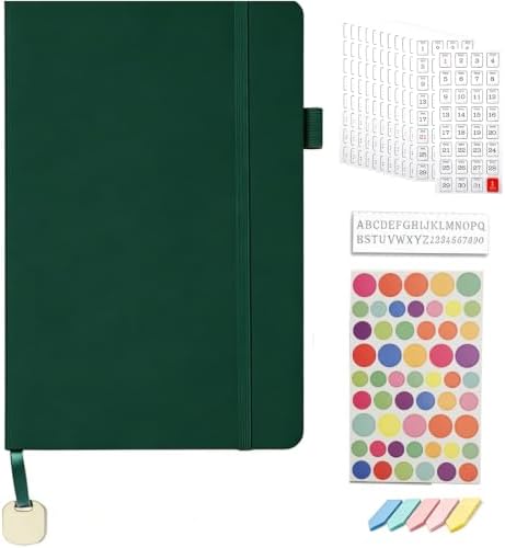 A5 Dotted Journal Starter Kit with Stencils and Stickers, Hardcover Dot Grid Notebook with 120 GSM Paper, Index Tabs and Date Stickers for Journaling, Study and Work,Green by Unknown