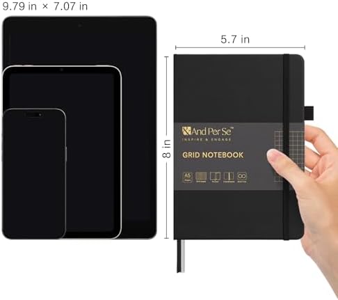 &And Per Se Graph Notebook, 5mm Grid, A5 Hardcover, 160 Pages 100gsm Thick Paper, Grid Journal for Diagrams, Wireframes, CAD Sketches (Black) - Image 2