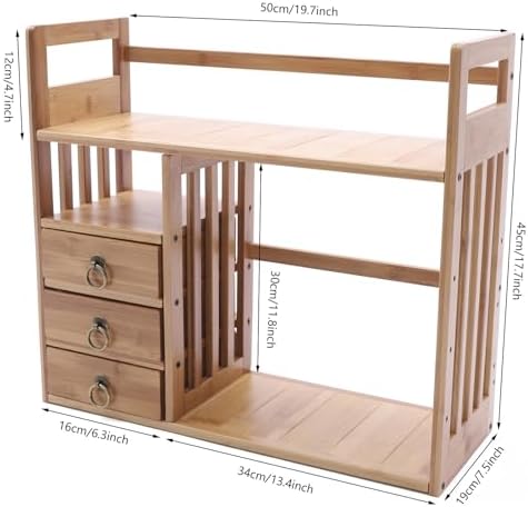 Bamboo Desktop Bookshelf Organizer, Double Layer Countertop Book Shelf with 3 Drawers, Desk Hutch Bookcase Organizer Display Shelf Rack for Office Home - Image 2