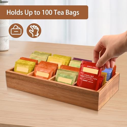 Acacia Wood Tea Bag Organizer with 8 Slots – Tea Bag Holder and Tea Organizer, Sugar Packet Storage for Countertops, Set Of Two - Image 4