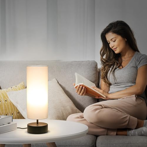 3 Way Dimmable Touch Control Table Lamp, Bedside Table Lamp with Dark Brown Base, Modern Nightstand Lamp with Beige Shade, Simple Night Light for Bedroom Living Room Home Office, 9W LED Bulb Included - Image 5
