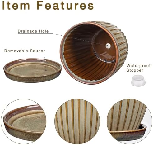 Oairse Ceramic Pots for Indoor Plants, 7.8 inch Pots for Plants Brown Planters with Drainage Holes and Saucers Texture Ceramic Planters Indoor Outdoor for Succulent - Image 2