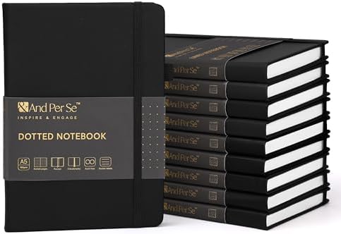 &And Per Se 10-Pack Dotted Notebooks, A5 Hardcover Dotted Journal Set, 160 Pages, 100gsm Paper, Office Supply Bulk Order, Corporate Workshop Materials – 3 Sticker Sheets Each (Black) by AndPerSe