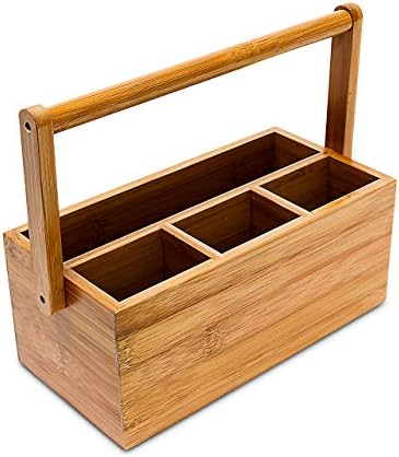 Relaxdays Bamboo Table or Desk Organiser, HxWxD: 20 x 25 x 11.5 cm, with 4 Compartments, Pen or Pencil Holder, with Handle, Natural Brown by Relaxdays