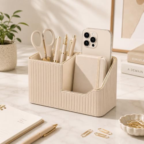 KINGFOM Luxury PU Leather Desk Organizer for Office Accessories, Aesthetic Pen Holder for Desk, Modern Desktop Storage Organizer for Women Home Office Supplies, Beige with Gold Trim - Image 3