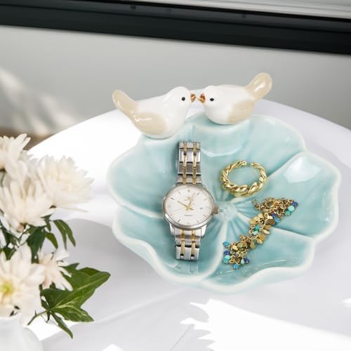 Fordonral Ceramic Jewelry Tray Trinket Dish Decorative Cute Bird & Lotus Leaf Ring Holder Dish Aesthetic Room Vanity Decor (Blue) - Image 4